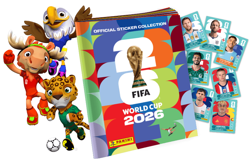 Mascotes Maple, Zayu e Clutch ao lado do álbum oficial Panini FIFA World Cup 2026 e figurinhas de jogadores